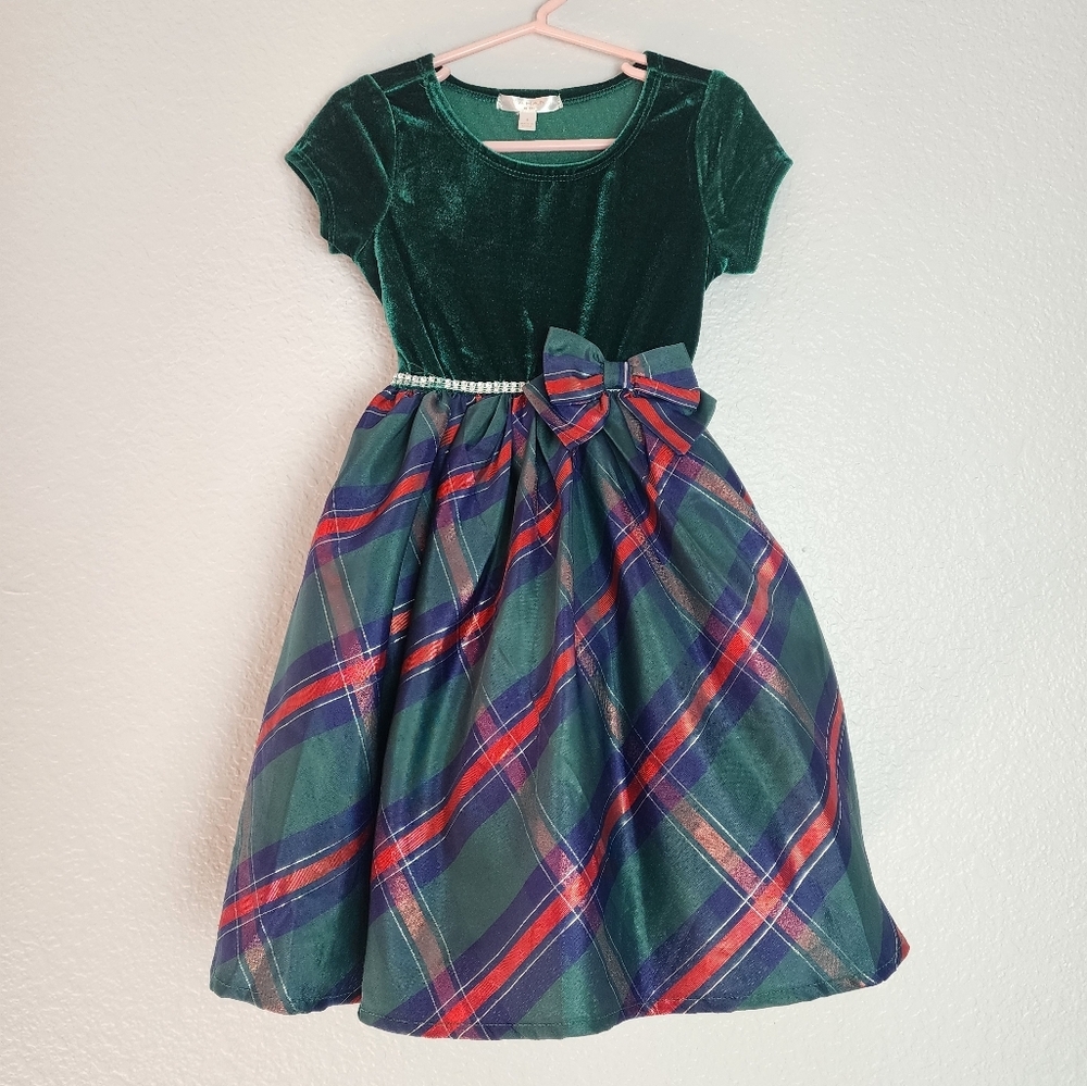 Tahari Green Plaid Taffeta Velvet Round Neck Bow Girls Dress  Size 4